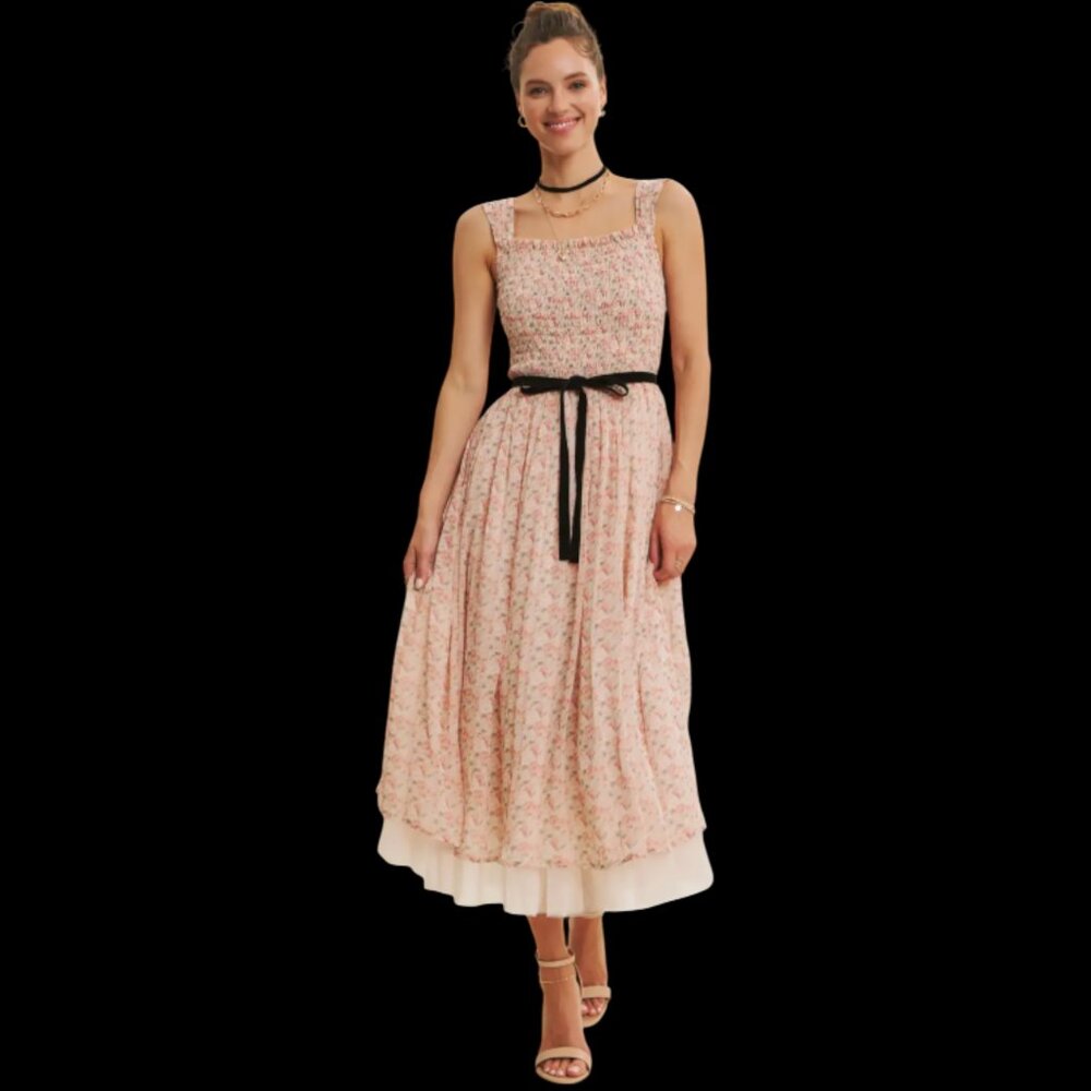 Winter Rose Smocked Maxi Dress with Velvet Belt